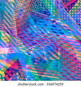 Abstract colorful disco background created with stripes, dots and patters of colors.