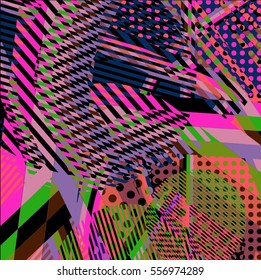 Abstract colorful disco background created with stripes, dots and patters of colors.
