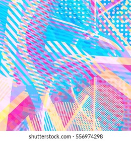 Abstract colorful disco background created with stripes, dots and patters of colors.