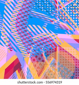 Abstract colorful disco background created with stripes, dots and patters of colors.