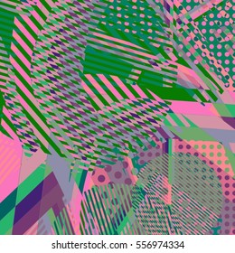 Abstract colorful disco background created with stripes, dots and patters of colors.