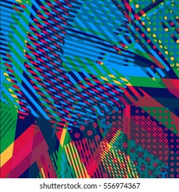 Abstract colorful disco background created with stripes, dots and patters of colors.