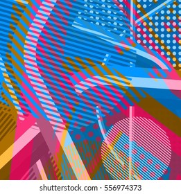 Abstract colorful disco background created with stripes, dots and patters of colors.