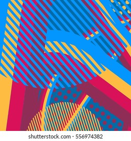 Abstract colorful disco background created with stripes, dots and patters of colors.