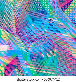 Abstract colorful disco background created with stripes, dots and patters of colors.