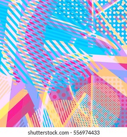 Abstract colorful disco background created with stripes, dots and patters of colors.