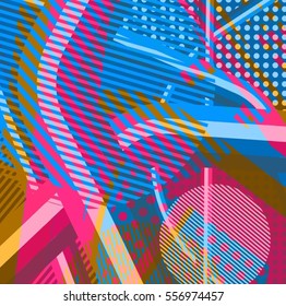 Abstract colorful disco background created with stripes, dots and patters of colors.
