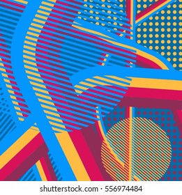 Abstract colorful disco background created with stripes, dots and patters of colors.