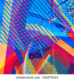 Abstract colorful disco background created with stripes, dots and patters of colors.