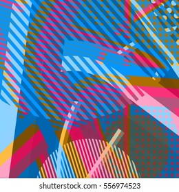 Abstract colorful disco background created with stripes, dots and patters of colors.
