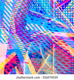 Abstract colorful disco background created with stripes, dots and patters of colors.