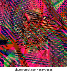 Abstract colorful disco background created with stripes, dots and patters of colors.