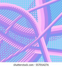 Abstract colorful disco background created with stripes, dots and patters of colors.