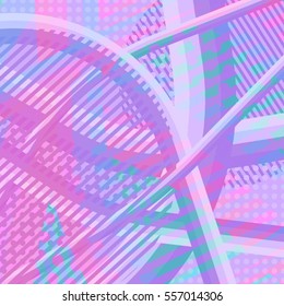 Abstract colorful disco background created with stripes, dots and patters of colors.