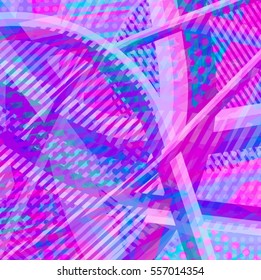 Abstract colorful disco background created with stripes, dots and patters of colors.