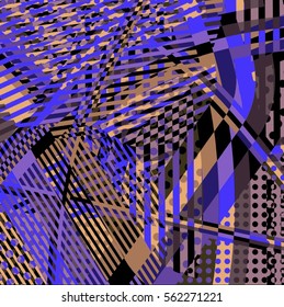 Abstract colorful disco background created with stripes, dots and patters of colors.