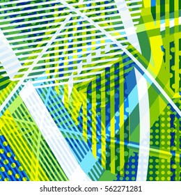 Abstract colorful disco background created with stripes, dots and patters of colors.