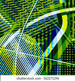 Abstract colorful disco background created with stripes, dots and patters of colors.