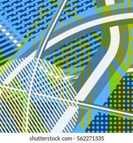Abstract colorful disco background created with stripes, dots and patters of colors.