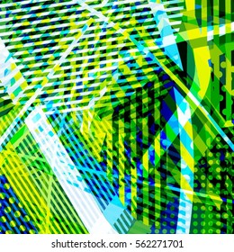 Abstract colorful disco background created with stripes, dots and patters of colors.