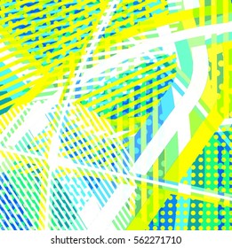 Abstract colorful disco background created with stripes, dots and patters of colors.