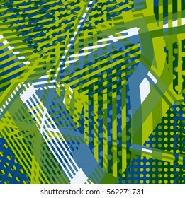 Abstract colorful disco background created with stripes, dots and patters of colors.