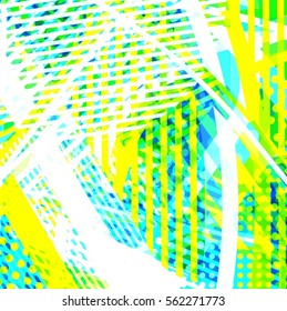 Abstract colorful disco background created with stripes, dots and patters of colors.