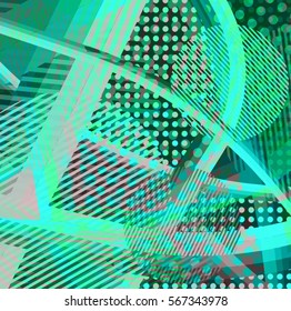 Abstract colorful disco background created with stripes, dots and patters of colors.