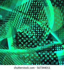 Abstract colorful disco background created with stripes, dots and patters of colors.