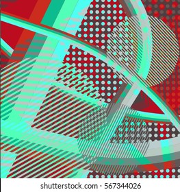 Abstract colorful disco background created with stripes, dots and patters of colors.