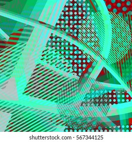 Abstract colorful disco background created with stripes, dots and patters of colors.