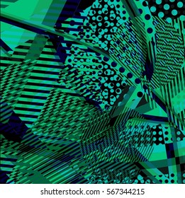 Abstract colorful disco background created with stripes, dots and patters of colors.