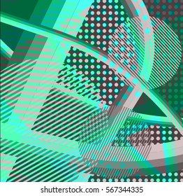 Abstract colorful disco background created with stripes, dots and patters of colors.