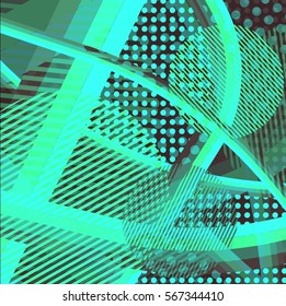 Abstract colorful disco background created with stripes, dots and patters of colors.