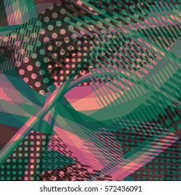 Abstract colorful disco background created with stripes, dots and patters of colors.