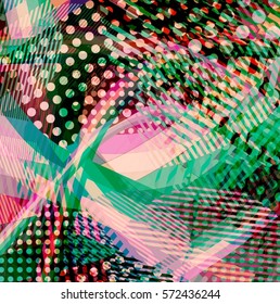 Abstract colorful disco background created with stripes, dots and patters of colors.