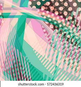 Abstract colorful disco background created with stripes, dots and patters of colors.
