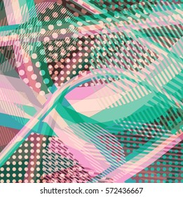 Abstract colorful disco background created with stripes, dots and patters of colors.