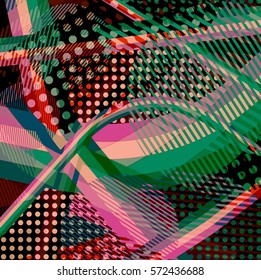 Abstract colorful disco background created with stripes, dots and patters of colors.