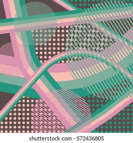 Abstract colorful disco background created with stripes, dots and patters of colors.