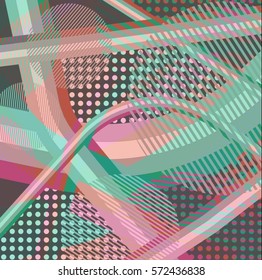 Abstract colorful disco background created with stripes, dots and patters of colors.