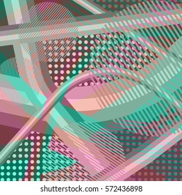 Abstract colorful disco background created with stripes, dots and patters of colors.