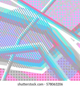 Abstract colorful disco background created with stripes, dots and patters of colors.