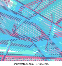 Abstract colorful disco background created with stripes, dots and patters of colors.
