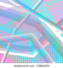 Abstract colorful disco background created with stripes, dots and patters of colors.