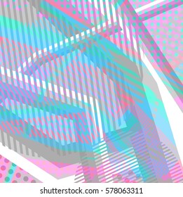 Abstract colorful disco background created with stripes, dots and patters of colors.