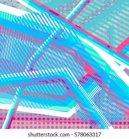 Abstract colorful disco background created with stripes, dots and patters of colors.