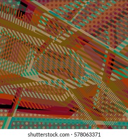 Abstract colorful disco background created with stripes, dots and patters of colors.