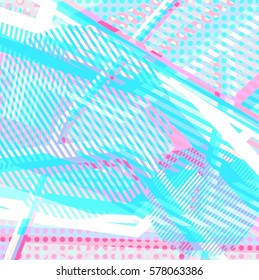 Abstract colorful disco background created with stripes, dots and patters of colors.