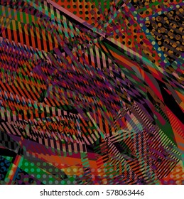Abstract colorful disco background created with stripes, dots and patters of colors.